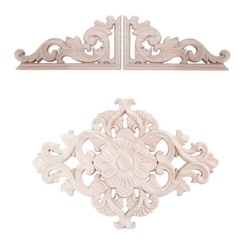 

1Pcs Wood Carved Long Onlay Applique Unpainted Flower Walls Cabinets Door Decor Type:21X15cm & 2Pcs Left+Right(Each 1Pcs)