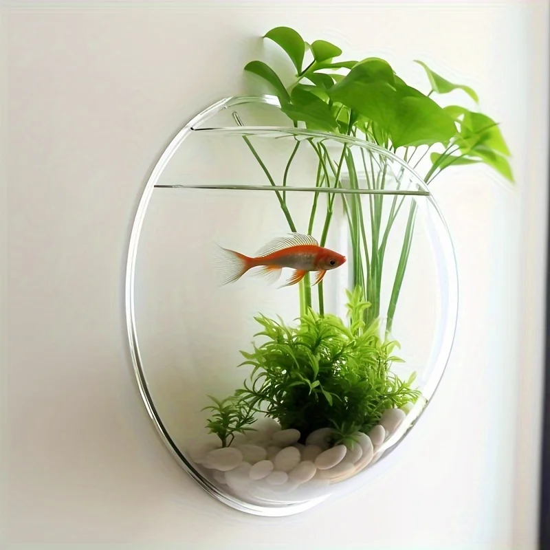 Classic Round Geometric Pattern Plastic Wall Hanging Vase with Plant Stand Wall Decor for Green Plants and Flowers, Fish Bowl 3
