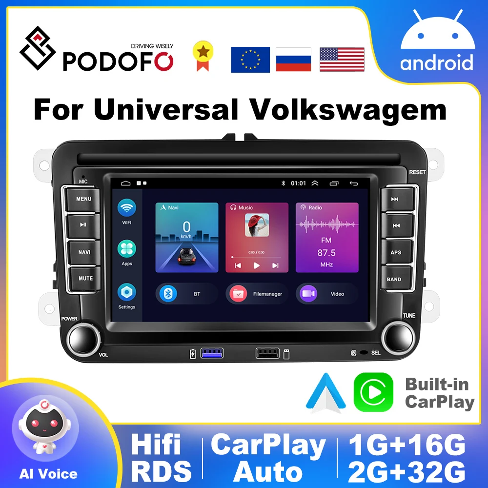

Podofo 2Din Android Car radio 4+64G Car Multimedia For Volkswagen Skoda Octavia golf 5 6 touran passat B6 polo tiguan jetta yeti
