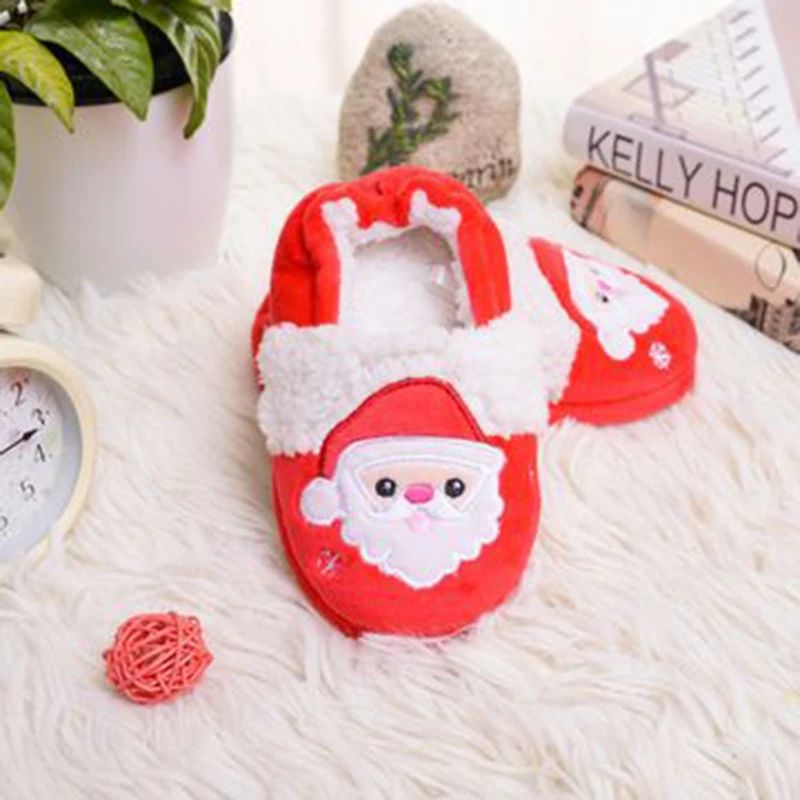 Kids Christmas Fuzzy Home Slippers Cute Santa Claus/Reindeer Warm Non-Slip Soft Sole Indoor Shoes for Boy Girl