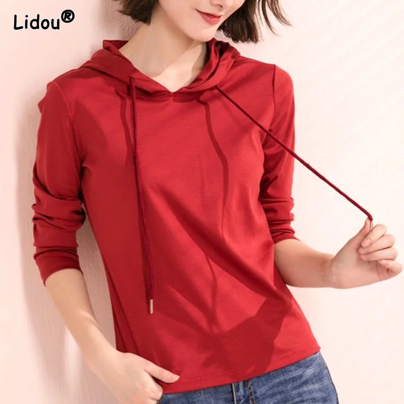 Casual Solid Sweatsshyrts Hooded Pullovers Weatshirts Straight Drawstring Women's Clothing 2022 Simple Bottoming Autumn Winter