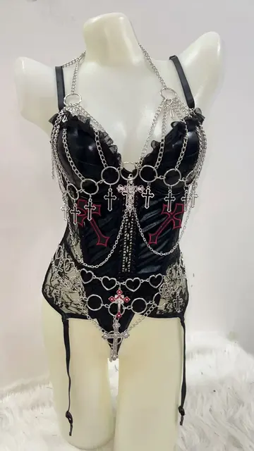 Lace Trim Bustier Top with Garter Clips and Metal Jewellery 3
