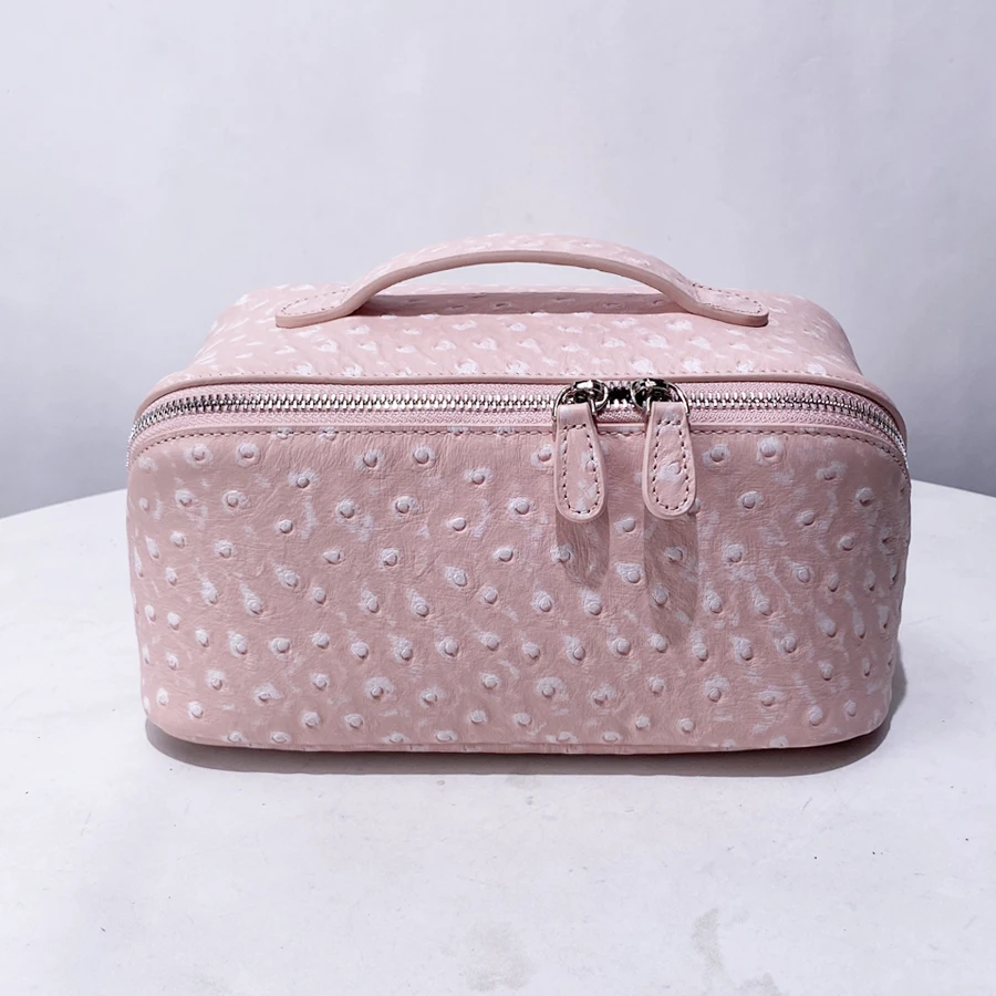 Genuine Leather Cowhide Pink Ostrich Pattern Makeup Box Bags For Women Luxury Designer Handbag New Toiletry Portable Travel Sto 1