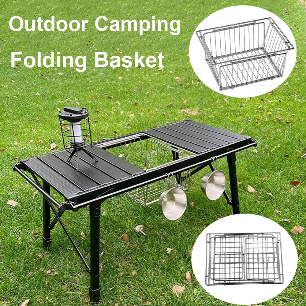 IGT Camping Table Basket Folding Portable Storage Basket Stainless Steel Camping Supplies igt Table Accessories Picnic