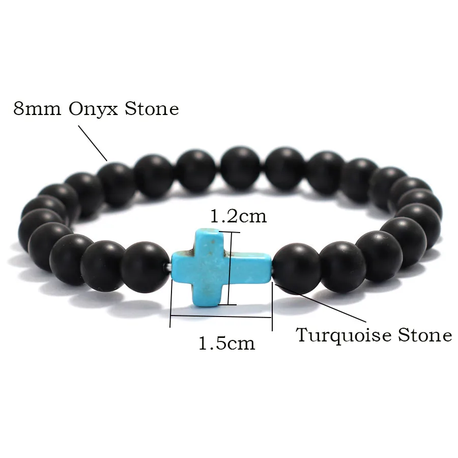 Men Onyx Stone Cross Bracelet 8mm Strand Beach Casual Accessories