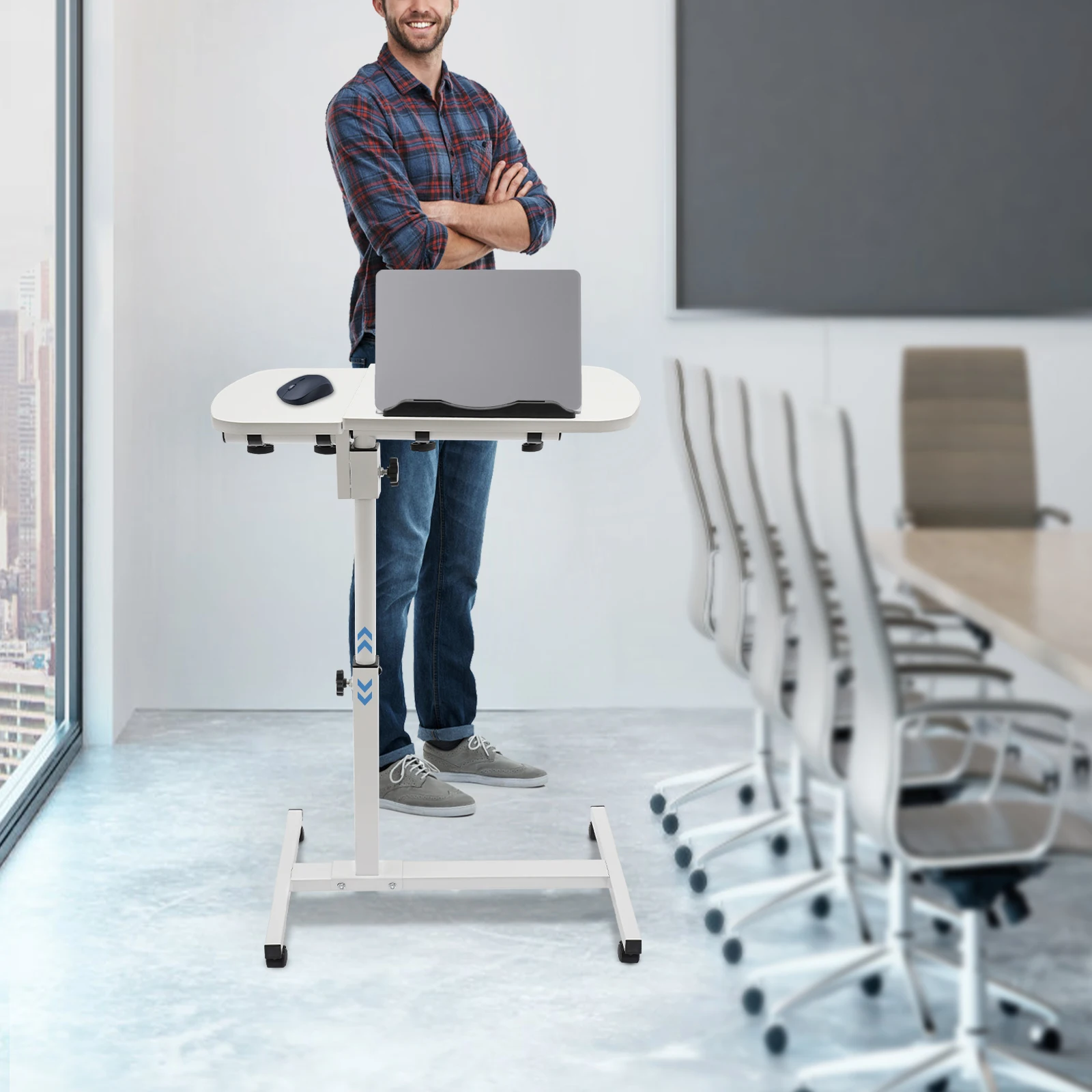 White MDF Carbon Steel Adjustable Laptop Desk Stand Bedside Desk Stand With 360° Swivel Wheels With Brake Function For Bedroom 3