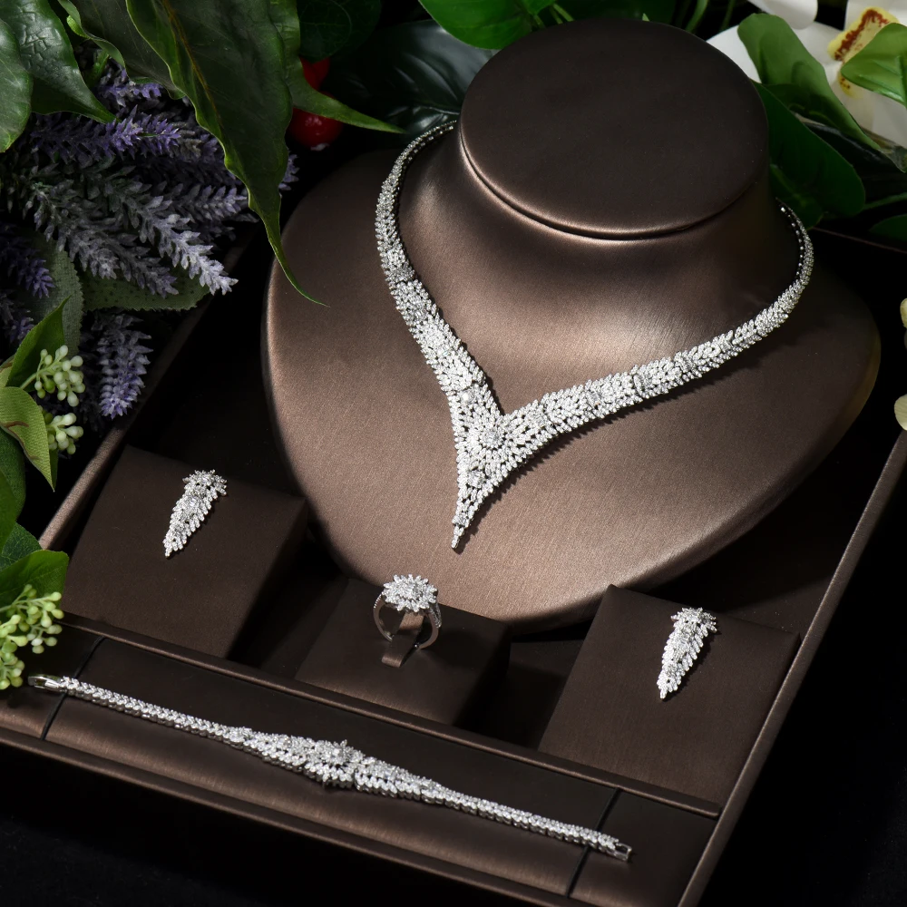 

HIBRIDE African Female Bride Wedding Jewelry Set Cubic Zirconia Necklace and Earring Sets Anniversary Party Accessories S-039