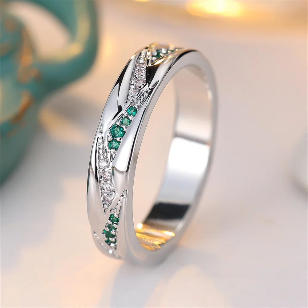 Green Crystal Small Stone White Zircon Rings For Women Trendy Silver Color Bridal Engagement Band Wedding Jewelry Versatile Gift