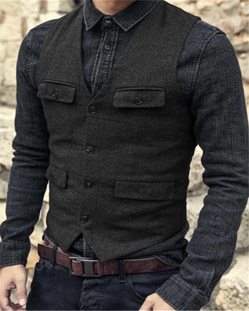 Mens Suit Dress Vests Men's Suit Vest Brown Burgundy Herringbone Wool Tweed Vintage Steampunk Waistcoat Formal Business Vests For Men Wedding
