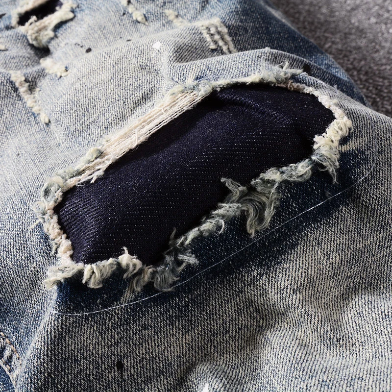 Newly Designer Fashion Men Jeans Summer Elastic Vintage Retro Blue Ripped Short Jeans Homme Patchwork Casual Denim Shorts Men