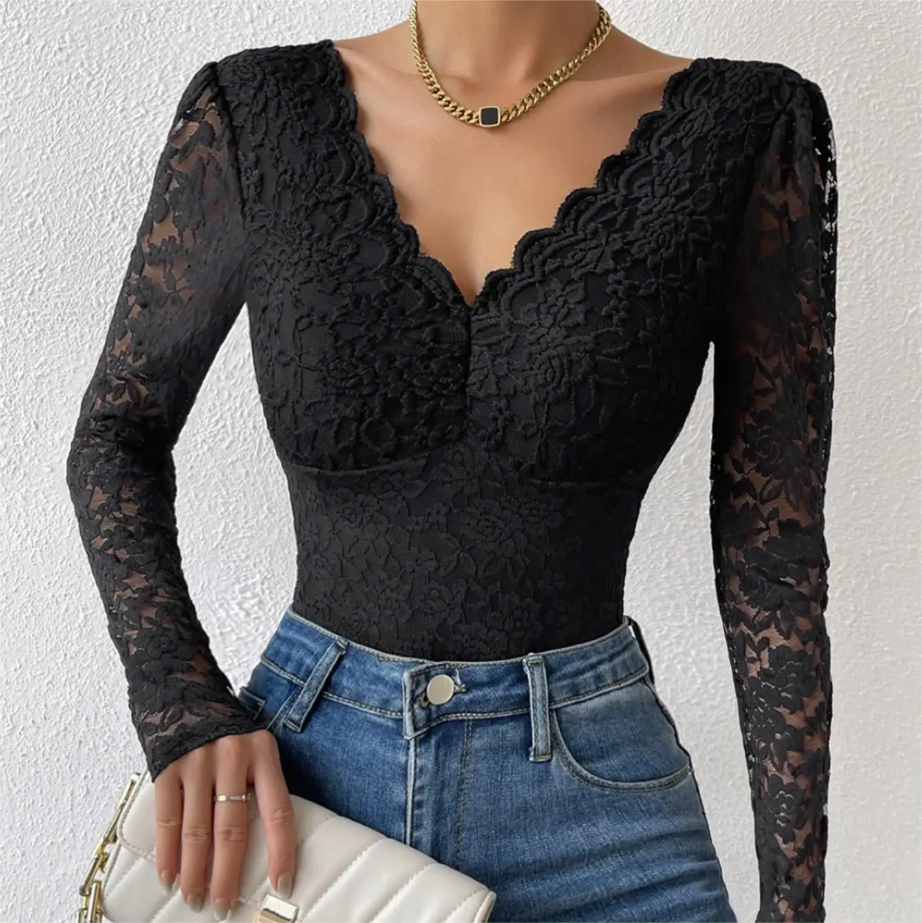 Top Y2K Estivo Donna – Slim Fit In Pizzo Con Maniche Lunghe – Tinta Unita, Sexy E Elegante – Nero/Bianco