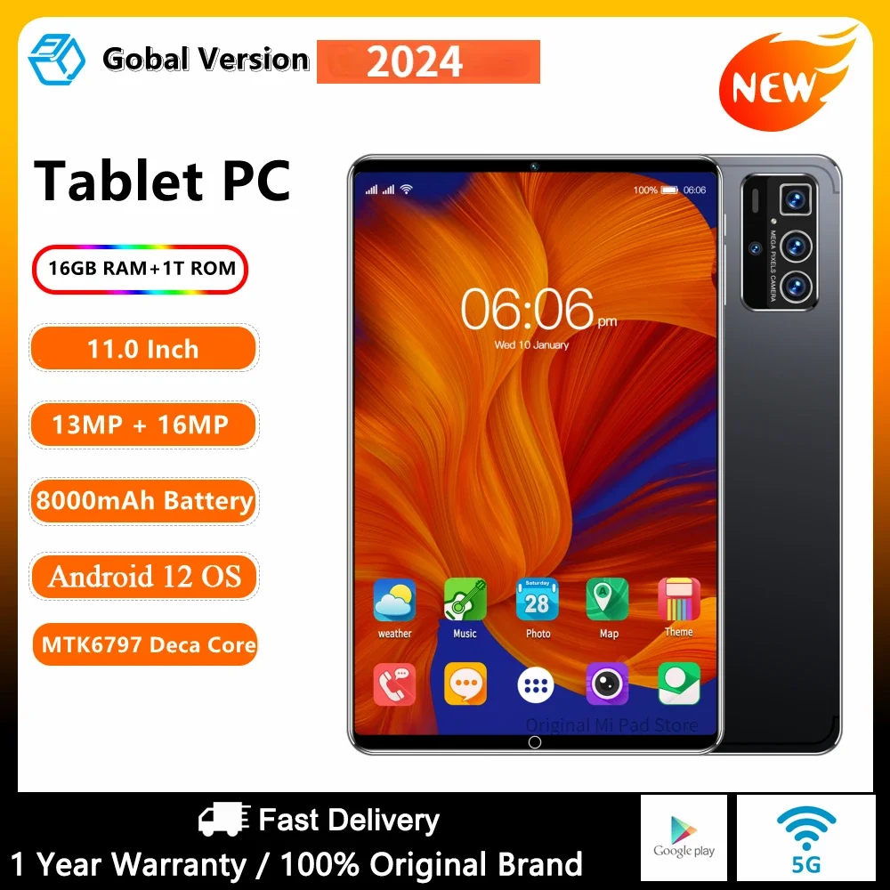 

2023 NEW Original 10.1 Inch Tablet Android12 16GB 512GB Dual SIM 5G 10 Core WPS GPS Bluetooth Network GPS WPS Tablet PC