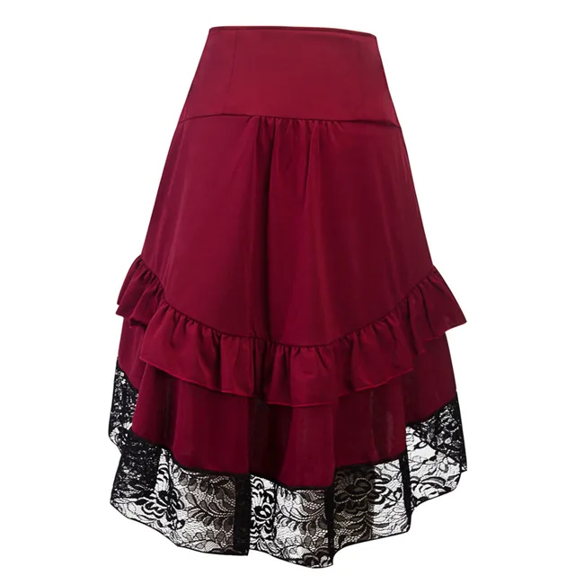 2024 Halloween Half Skirts Gothic Solid Color High Waist Button Lace Stitching Ruched Drawstring Irregular Skirt Medieval Faldas 5