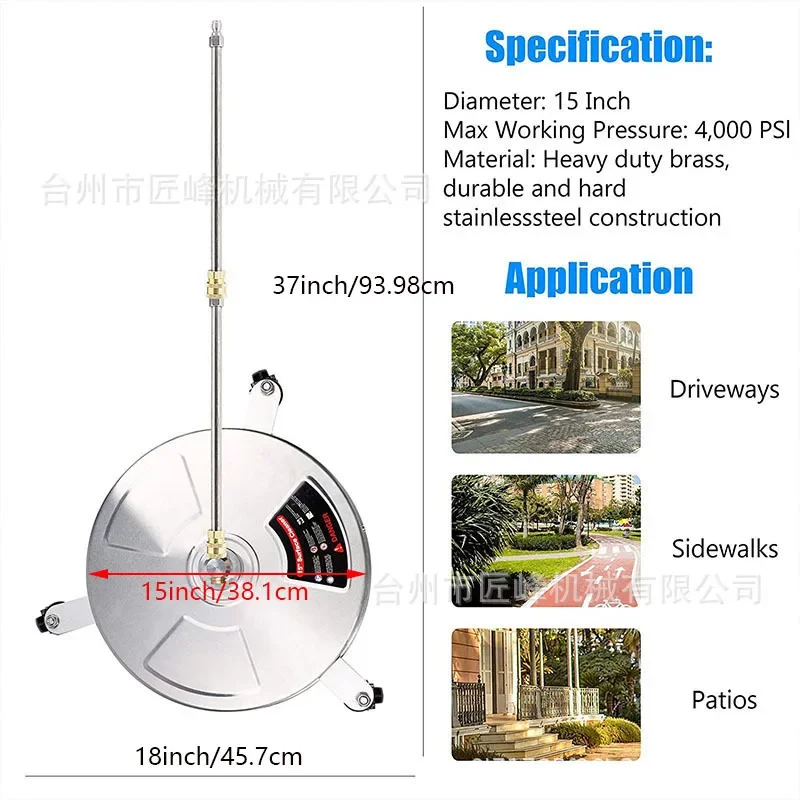 4000PSI 15 Inch Pressure Washer Surface Ground Floor Cleaner Stainless Steel 3 Wheels for Karcher Lavor 1/4" Quick Connector