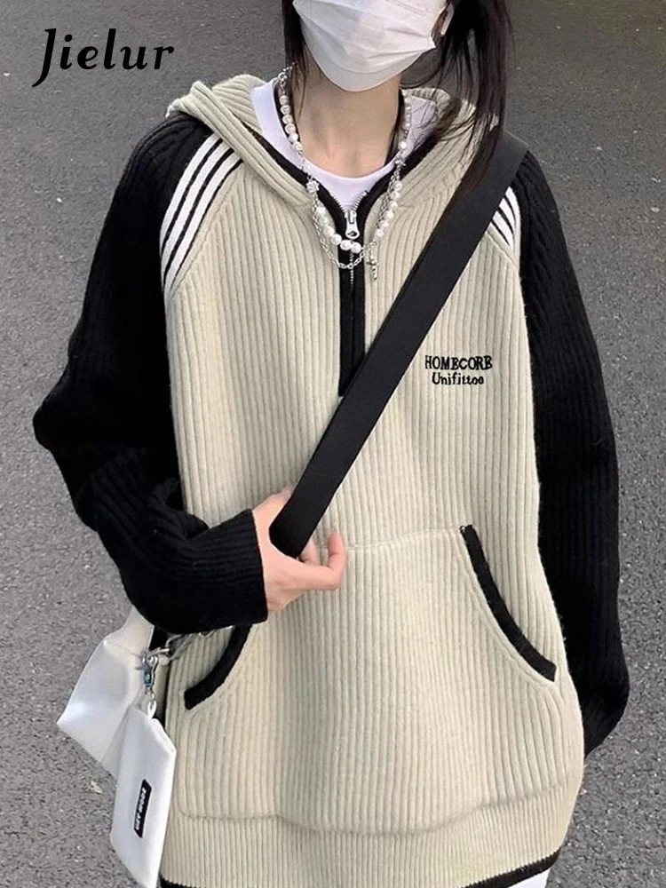 Jielur Autumn New American Contrast Color Women Hoodies Casual Loose Fashion Hoodies Woman Loose Slim Knitted Sweathirts Female
