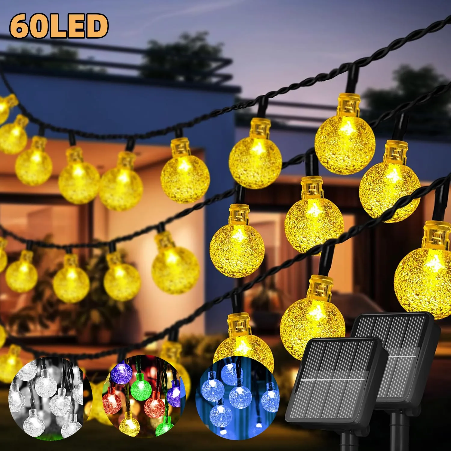 โซลาร์เซลล์ ลูกโลกคริสตัล 60 LED 8 โหมด ไฟประดับสวน