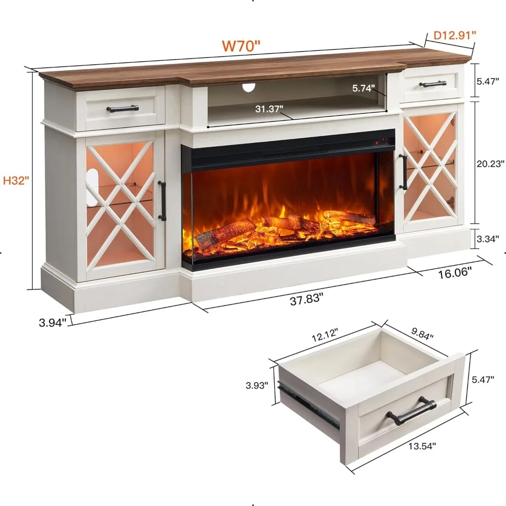 Farmhouse TV Stand with Fireplace, 70'' Entertainment Center Stand with 36" 3-Sided Glass Electric Fireplace for TVs Up to 80 in 6