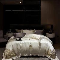 Gorgeous Gold Embroidery Brocade Egyptian Cotton Soft Glossy Bedding Set Duvet Cover Set Bed Sheet/Fitted Sheet Pillowcases 4Pcs 1