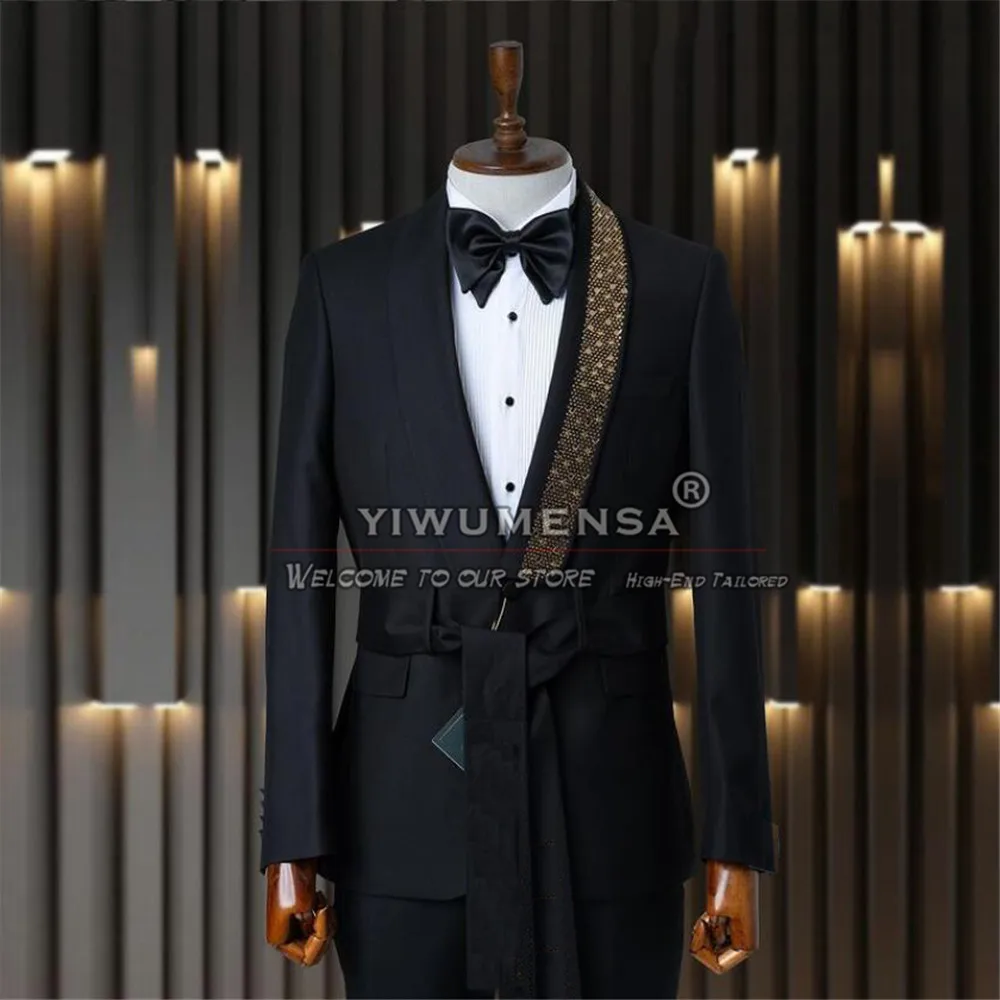 

Black Wedding Suits For Men Crystals Beading Jacket Pants 2 Pieces Groom Tuxedos Custom Made Male Fashion Clothing Costume Homme