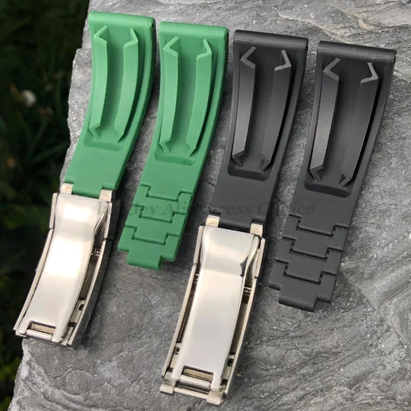 Rolex Black & Green Rubber Wristband with Stainless Steel Folding Buckle - 20mm Watch Strap
