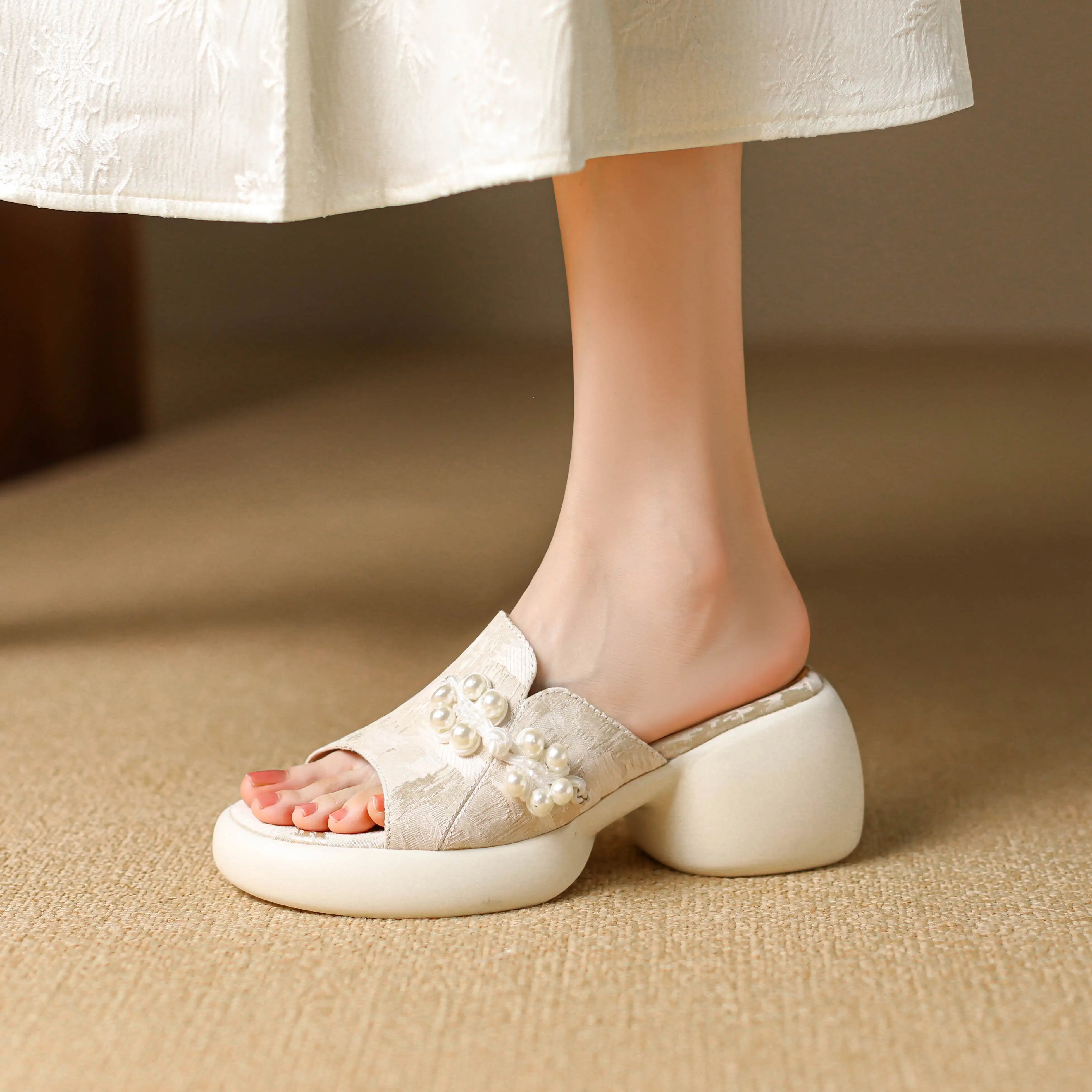 Krazing Pot Cow Split Leather Slip On Summer Shoes Slingback Mules High Heels Pearl Print Vacation Casual Platform Women Sandals