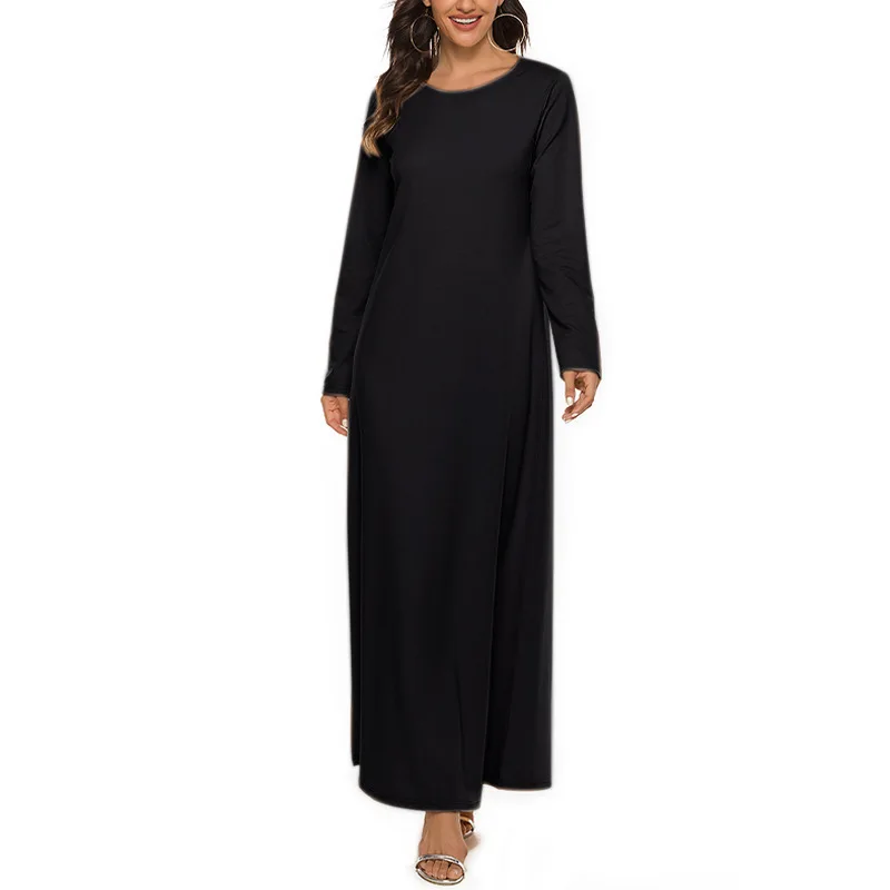 

Women Prayer Clothes Solid Round Neck Long Sleeve Muslim Outfits Loose Long Robe Abaya Turkish Islamic Dresses with Belt