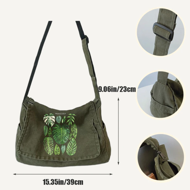 Artistic Women's Shoulder Bag Canvas Messenger Bag Monstera Print Large Capacity for Daily Crossbody Bag
