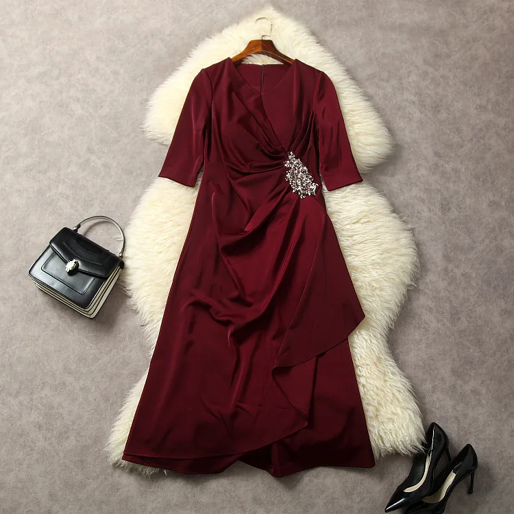 

European and American women's clothes 2023 summer new Beaded waist Five-point sleeve V-neck Fashion Ruffled Dress