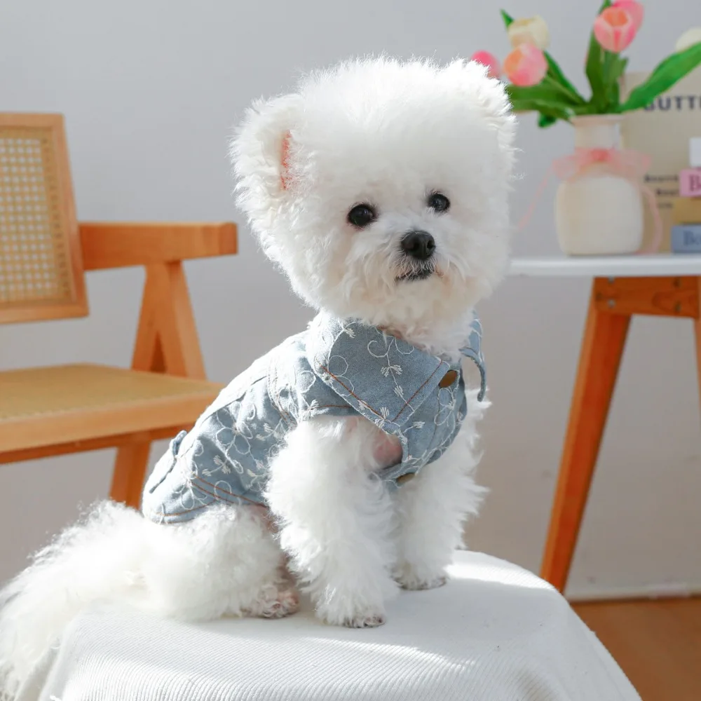 소형견 중형견 고양이 남아 여아 애완동물 의상 자수 데님 조끼 시츄 치와와 요크셔 테리어 티컵용 강아지 청자켓