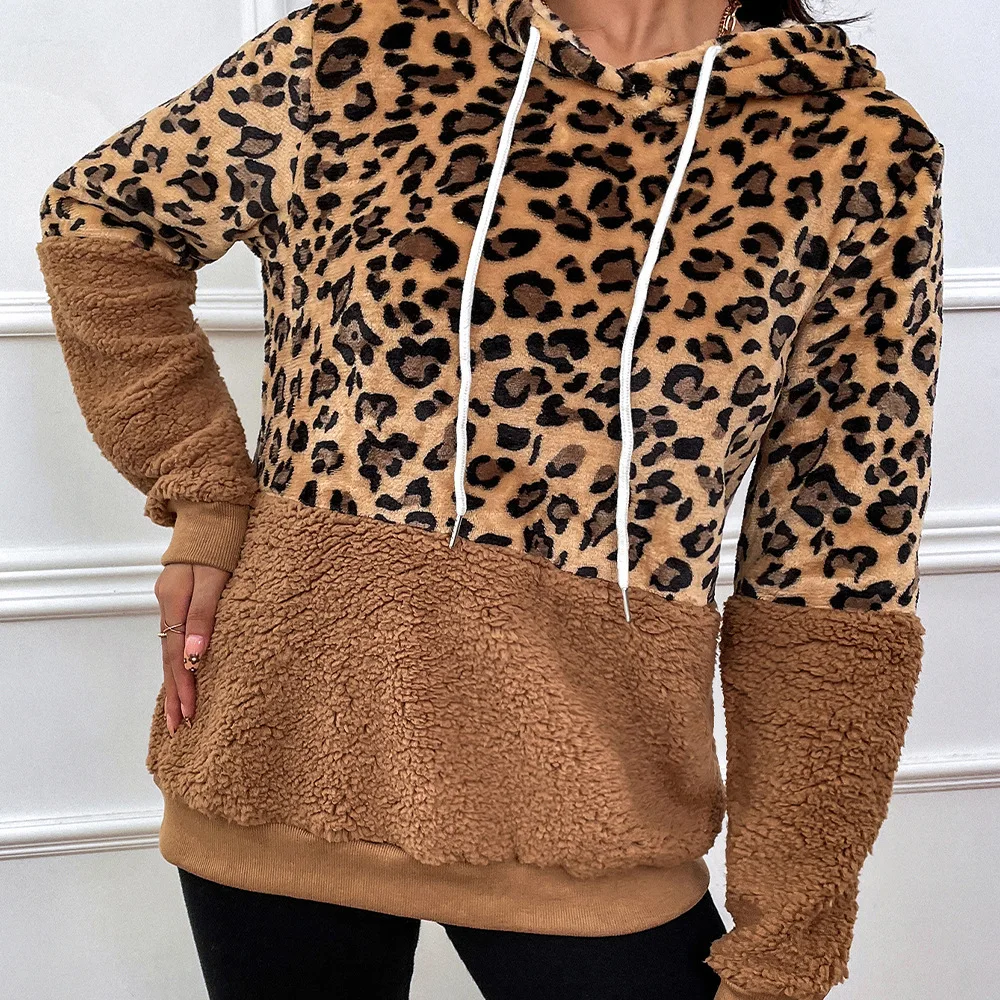 

2023 Autumn and Winter New Women's Hooded Plush Leopard Pattern Spliced Sweater Sweetheart Women's Top