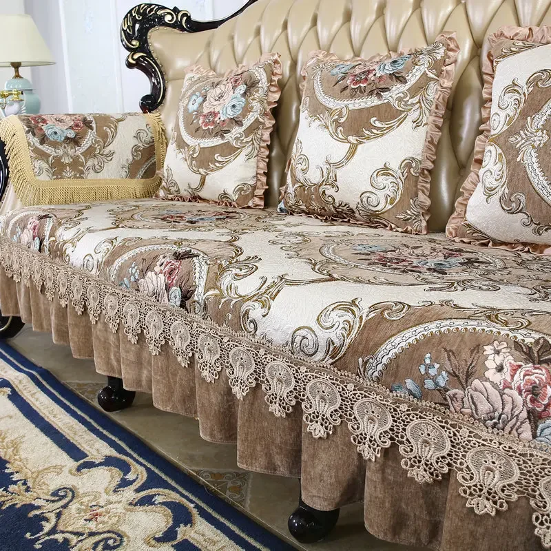

Lace Hemline Sofa Towel European Classical Embroidered Sofas Cushion Pillowcase Anti Slip Wear-resistant Sofa Cover Back Towel
