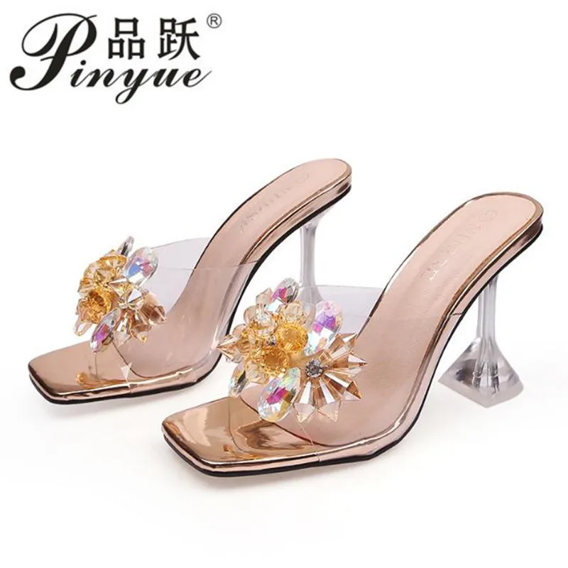 

9cm Summer Transparent Shoes For Women Slippers Crystal Flowers Square Toe Clear Heels Mules Slides Party Dress PVC Sandals