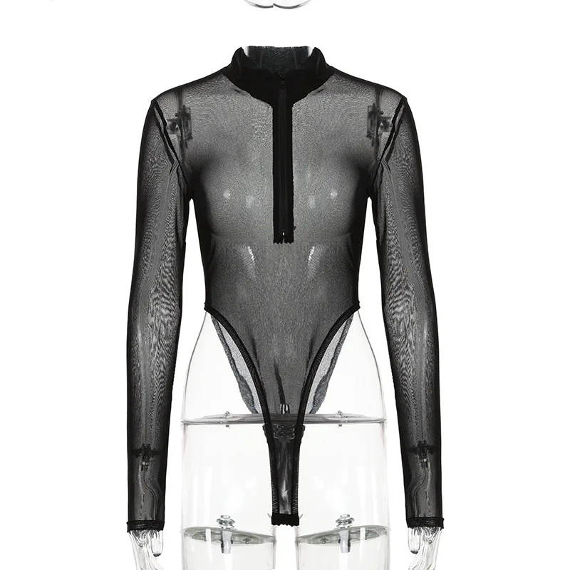 BKLD Clothes For Women Fashion See-Through Mesh Sexy Zipper Patchwork Long Sleeve One Pieces Solid Color Black Bodysuits
