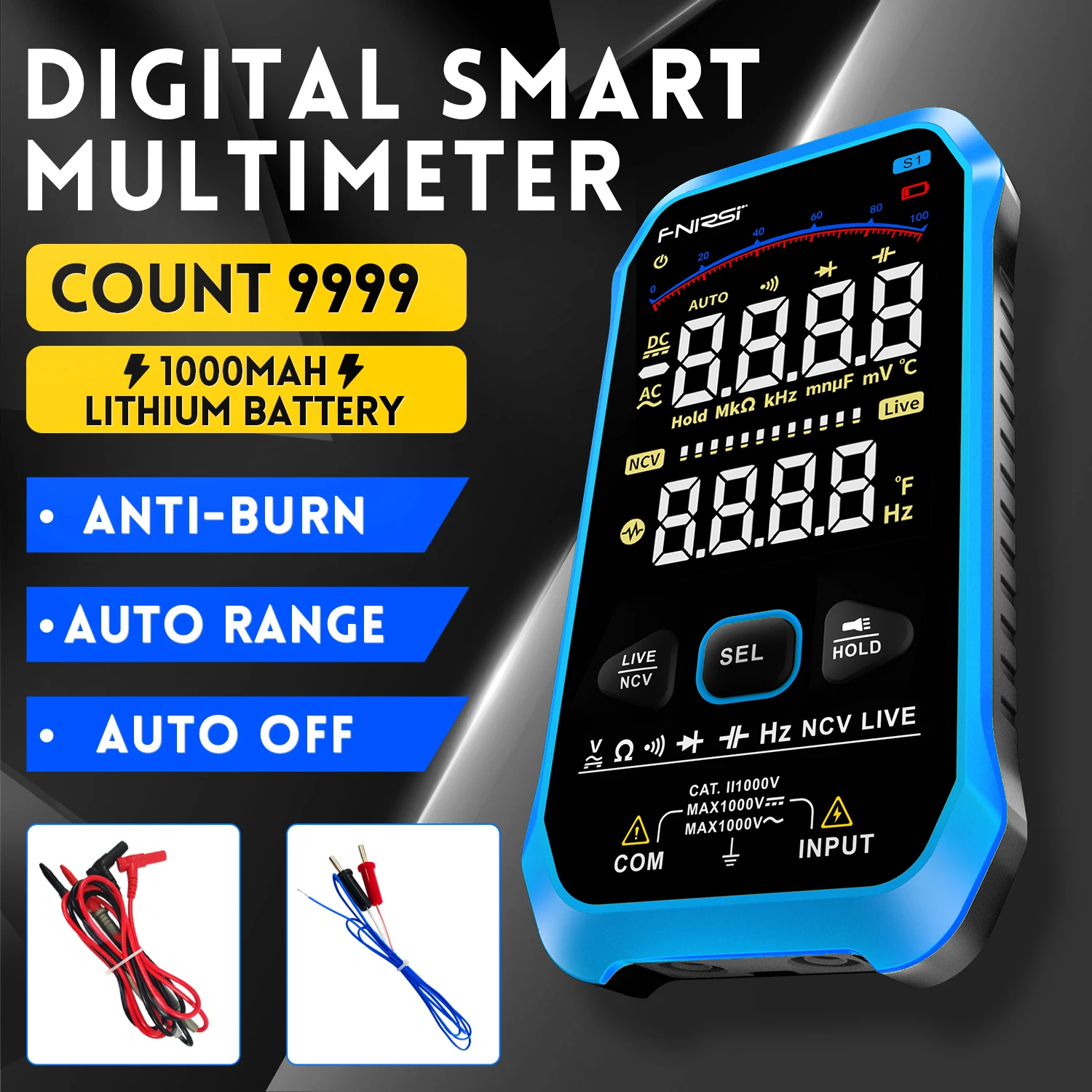 

FNIRSI-S1 Digital Multimeter 9999counts AC DC Voltage Resistance Capacitance Diode NCV Hertz Live Wire Tester With Thermocouple