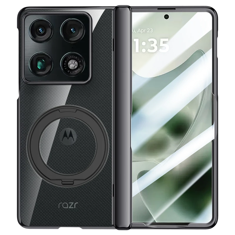 Electroplated Transparent HD Glass Cover with 360° Rotating Magnetic Stand and Shockproof Wireless Charging Compatibility