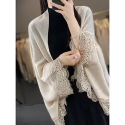 Luxurious Women's Wool Knitted Shawl with Lace Edge - Skin Friendly & Breathable Scarf (Beige)