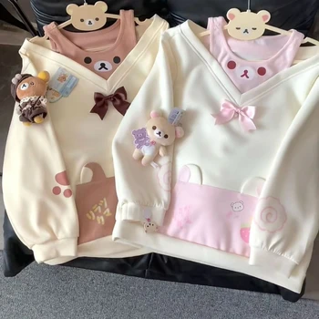 Japanese Cartoon Printing T-Shirts Y2k Aesthetic Bear Pattern Bow Kawaii Cute Tees Preppy Style Grunge Off Shoulder Casual Tops 1