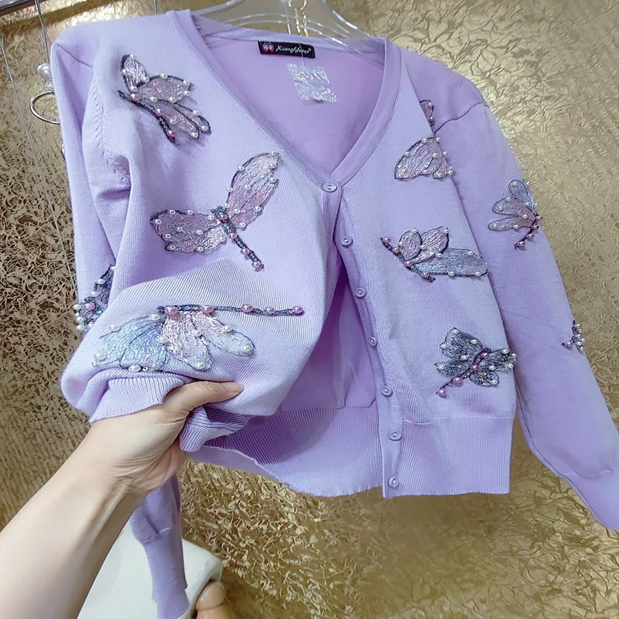 

Fashion Beading Sequined Knitted Cardigan Women V-neck Loose Outwear Spring Aitumn Large Size