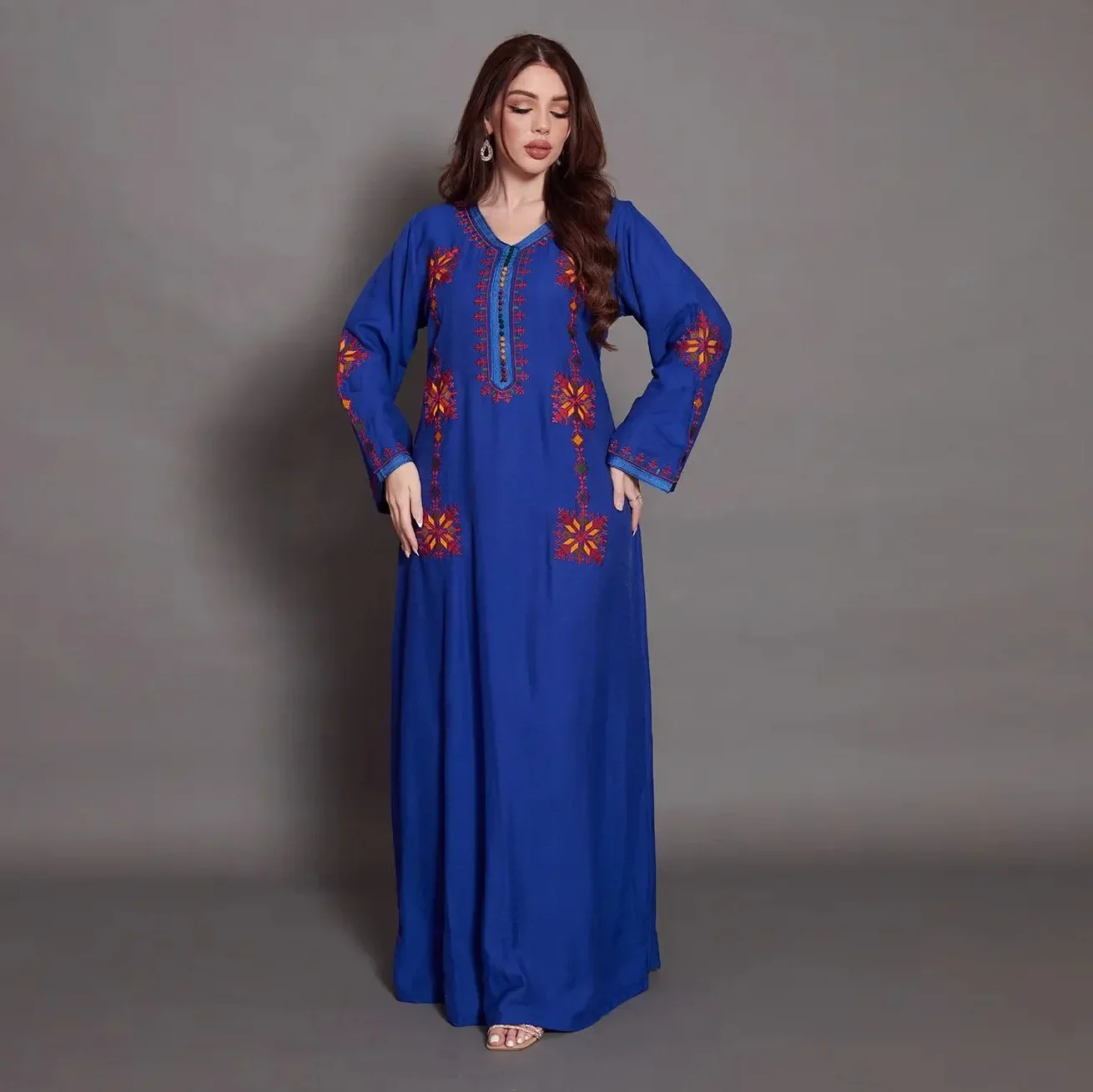 Arabic Dress for Women 2023 Moroccan Dubai Africano Abaya Solid Embroidery Full Sleeve Loose Ramadan Muslim Femme Robe Dress