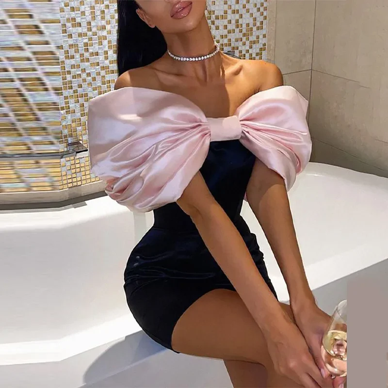 

Ladies Party Dresses Sexy Elegant Tight Dress with Bows Strapless Pink Mini Tight Dress Short Black New Year's Dress Pink
