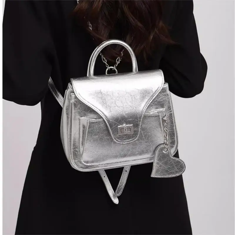 

New Fashion High Quality Oil Wax Lacquer Leather Shiny Metal Chain Backpack Casual And Minimalist Mini Design Women's Bag Trend