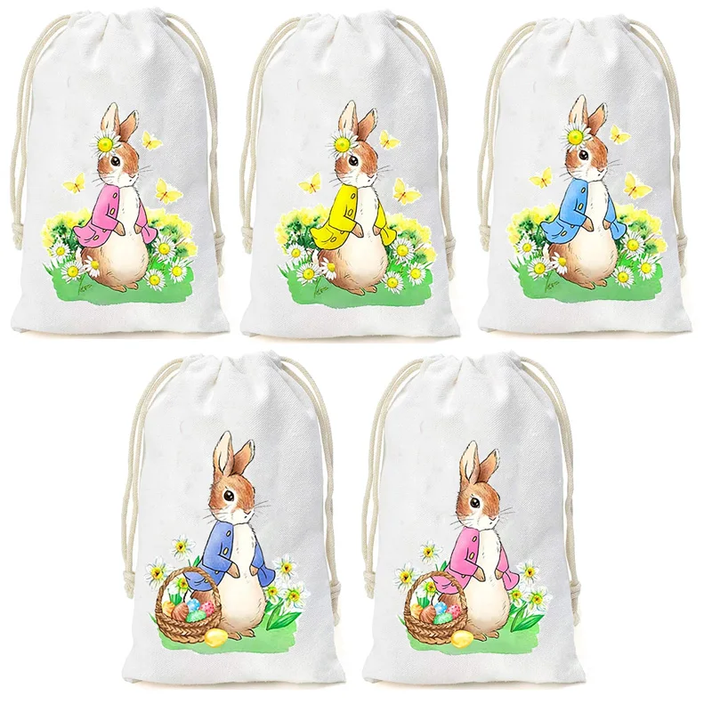 5Pcs Bunny Rabbit Treat Bags Egg Hunt Basket Stuffers Happy Easter Party Decoration Family Friend Kid Children Boy Girl Gift