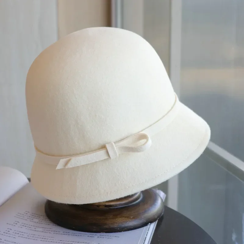 Elegant Bow Fedoras Hats for Women Autumn Winter Retro Imitation Woolen Bucket Hats Solid Color Dome Lady Felt Basin Caps - 6