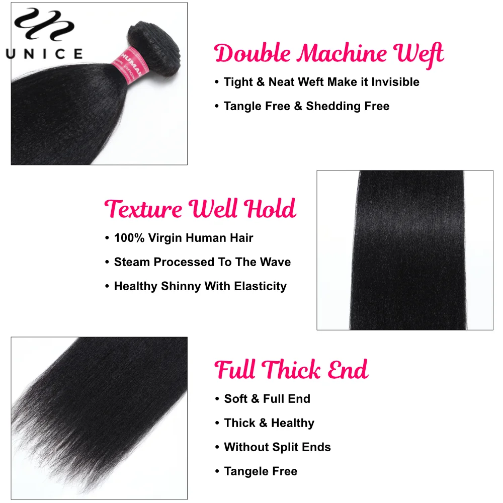 UNice Hair Yaki Straight Hair Bundles 4PCS Deal Natural Color Human Bundles Quick Weaves Sew In Human Extensions