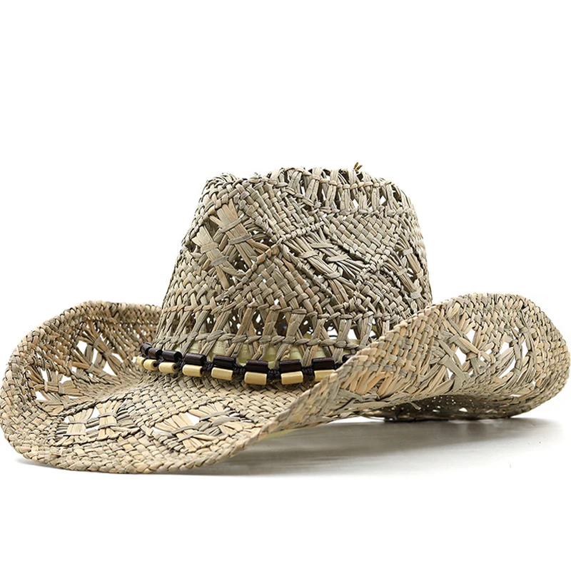 

Summer Outdoor Sun Protection Cowboy Straw Hat for Men Women Wide Brim Beach Cap Natural Salt Grass Handmade Crochet Sunhat