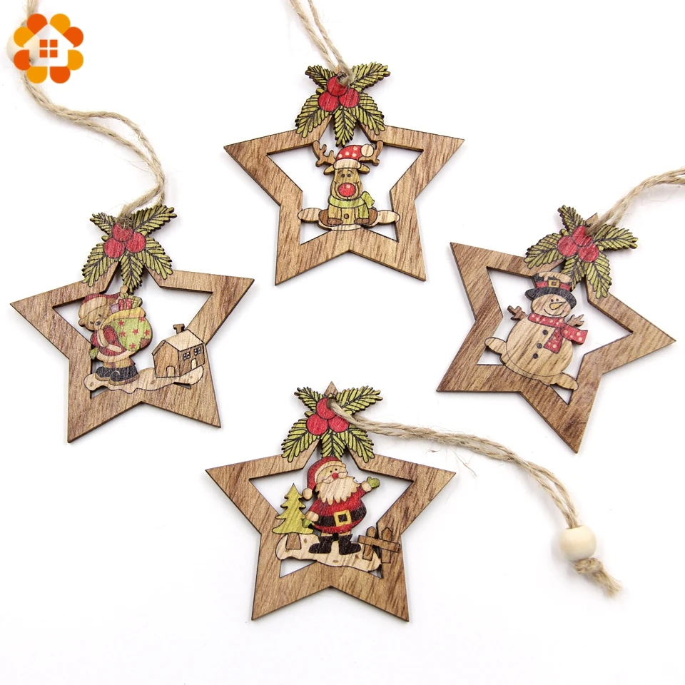 Christmas Decorations 4PCS Christmas Star Wooden Pendants Ornaments Xmas Tree Ornament DIY Wood Crafts For Home Christmas Party
