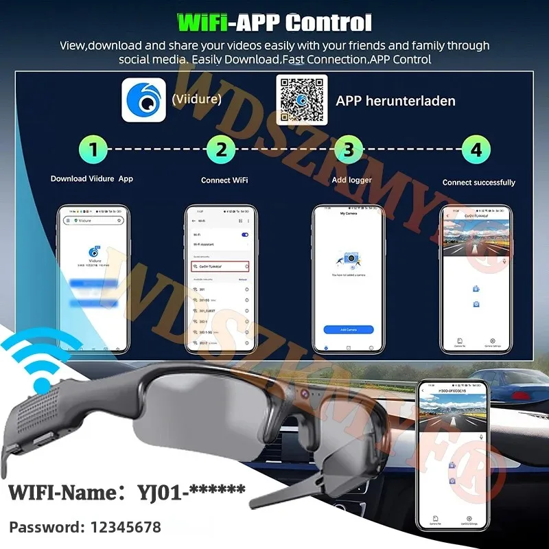 Video Recorder 1080P HD Video Recorder WIFI APP Outdoor Sports DV Camera Smart Glasses Wide Angle 170&deg; Camera Sports Riding Skiing