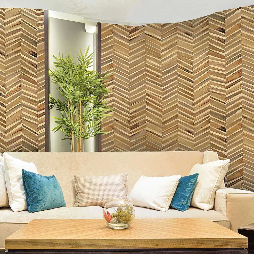 

Mywind Natueal Material Handmade Wallcovering Golden Collage of Reed Grass And Wood Veneer Wallpaper