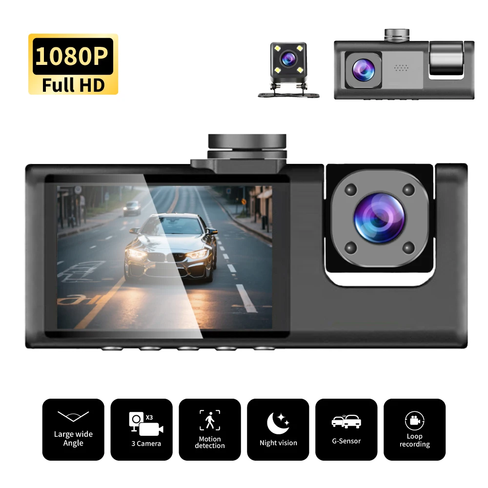 3 Channels Dash Camera for Cars HD 1080P Video Recorder 3 Lnes Front Inside Rear View Camera Night Vision Loop Recording