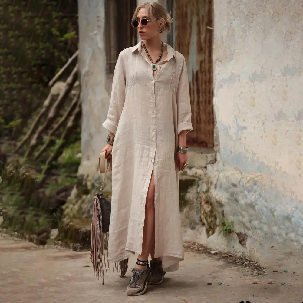 

Summer Maxi Dress Loose Turn-down Collar Long Sleeves Pure Color Single-breasted Cardigan OL Commute Daily Wear Women Long Dress